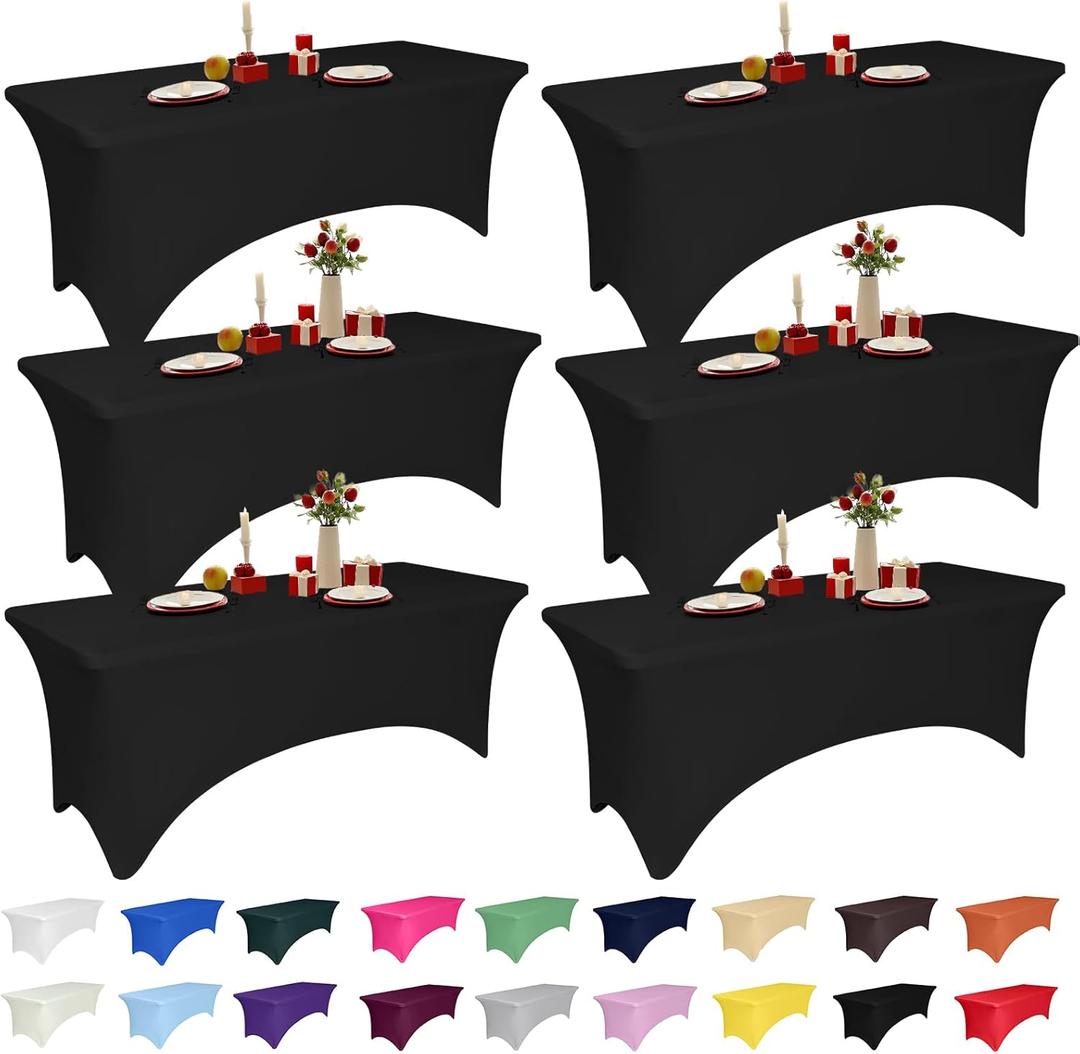 6 Pack 6 Feet Black Spandex Tablecloth for Rectangular Tables, Fitted & Stretch, Washable, Wrinkle Resistant, Perfect for Event, Wedding, Party, Banquet, Cocktail, Festival, and Table Protector 
