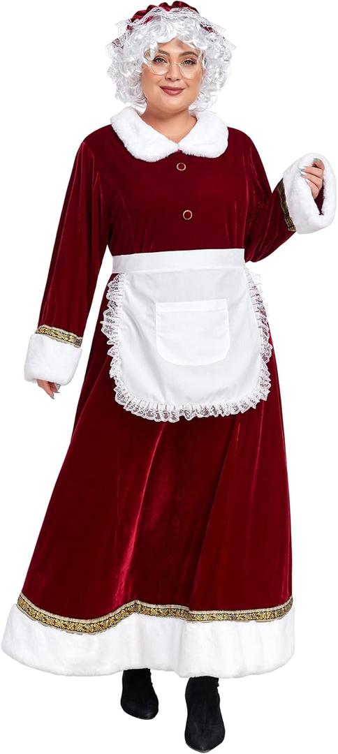 VAPICK Mrs. Claus Costume for Women Santa Costume Adult 5PCS Plus Size Deluxe Velvet Christmas Santa Dress Outfit (Red, XXL)