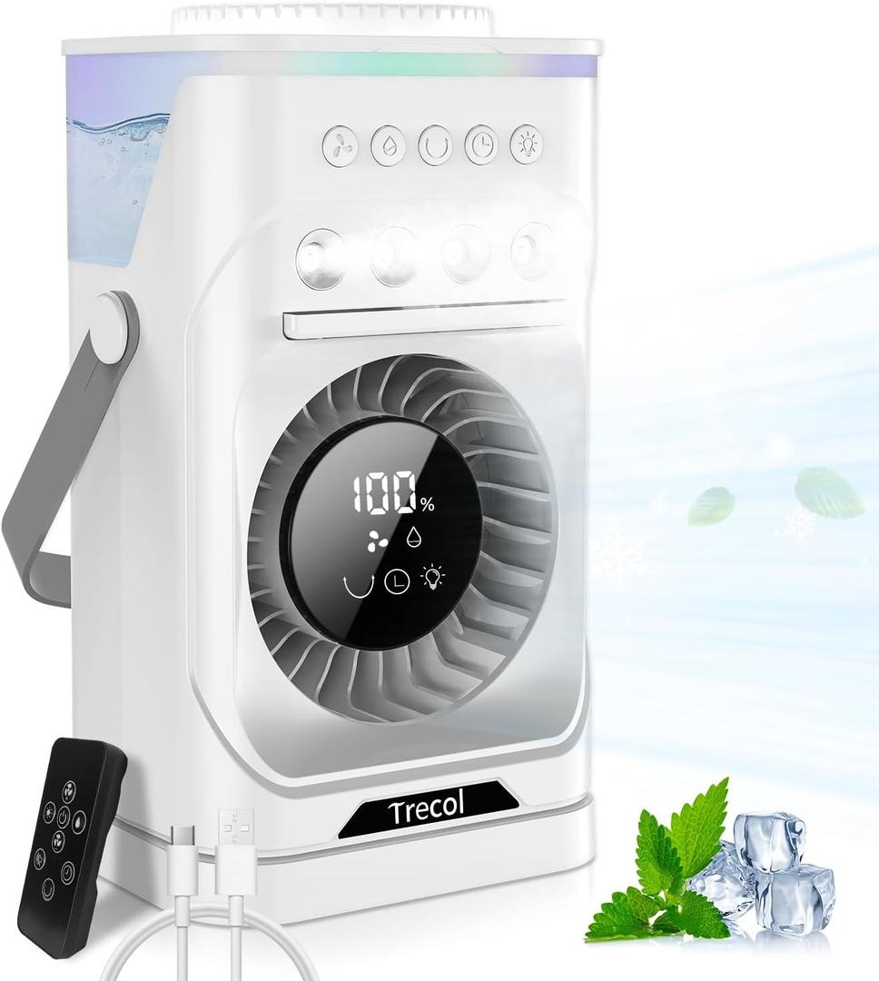 Portable Air Conditioner Fan, 10000 mAh Rechargeable Desk Fan, 900ML Misting Fan with 3 Spray Levels, 120° Rotation, 10 Wind Speeds & 7-Color Light Personal Cooling Fan for Home, Office, Camping