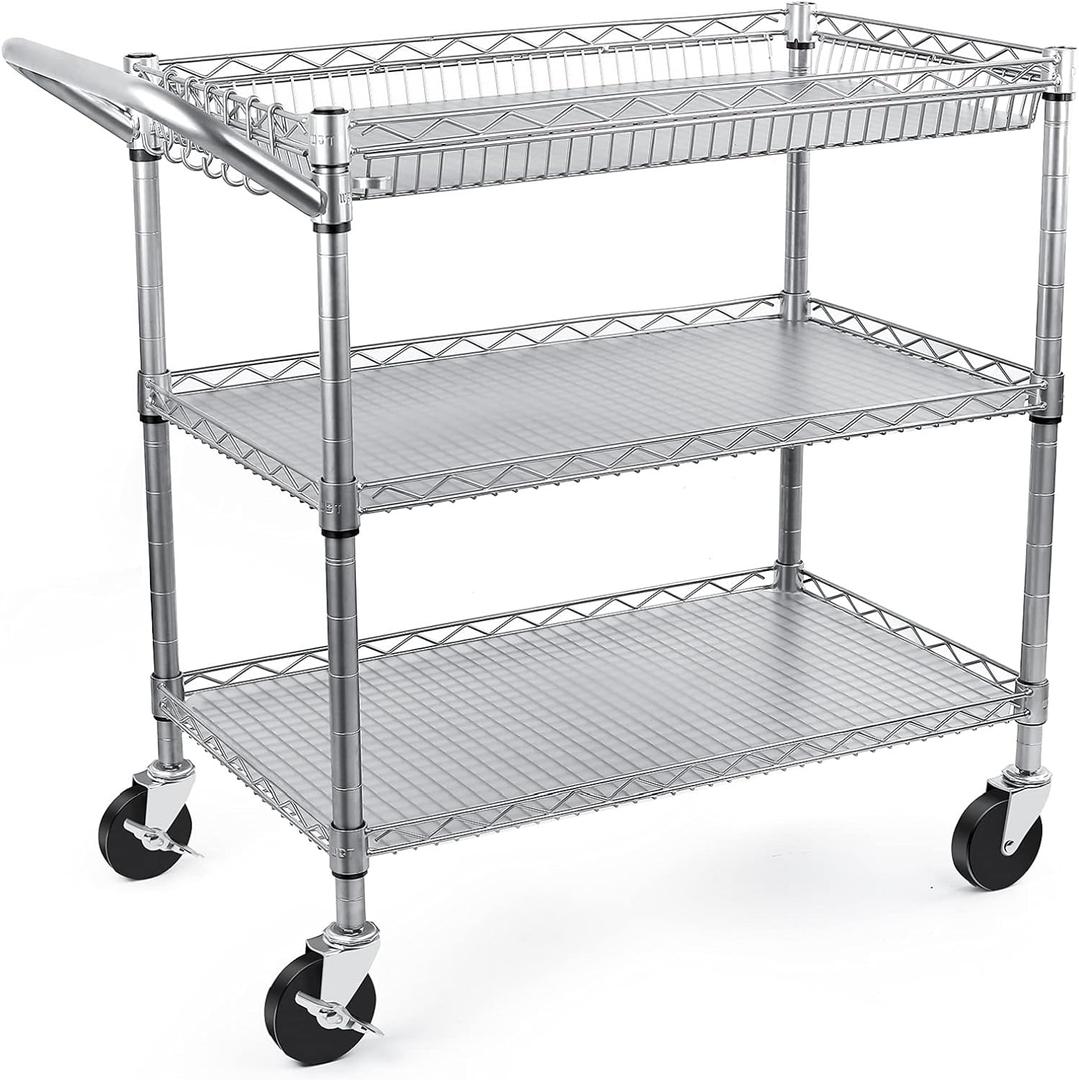 WDT Heavy Duty 3 Tier Utility Cart,Wire Rolling Carts with Wheels, Commercial Grade Service Cart with Shelving Liners and Handle Bar Metal Carts for Kitchen Office Hardware
