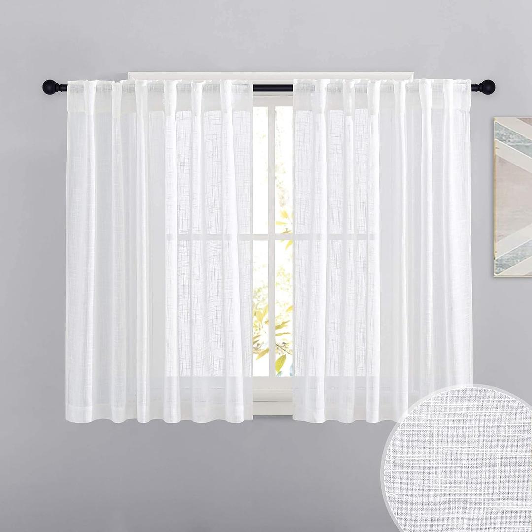 RYB HOME White Curtains for Bedroom - Linen Textured Semi Sheer Curtains Privacy for Bedroom Bathroom Kitchen Dining Office Window, 52 Wide x 45 inches Long, 2 Pcs