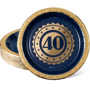Cheerland 24 Pcs 40th Disposable Party Paper Plates for Blue and Gold Milestones Birthday Celebration Party Supplies and Decorations, Medium