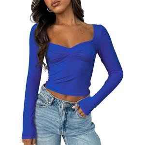 ForeFair Women's Sexy Long Sleeve Going Out Tops Pleated Bustier Shirt Cute Sweetheart Neck Y2K Cropped Top (Blue, Size S )