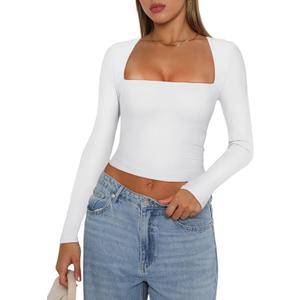 REORIA Women's Basic Sexy Square Neck Long Sleeve Y2K Going Out T Shirt Crop Top, S