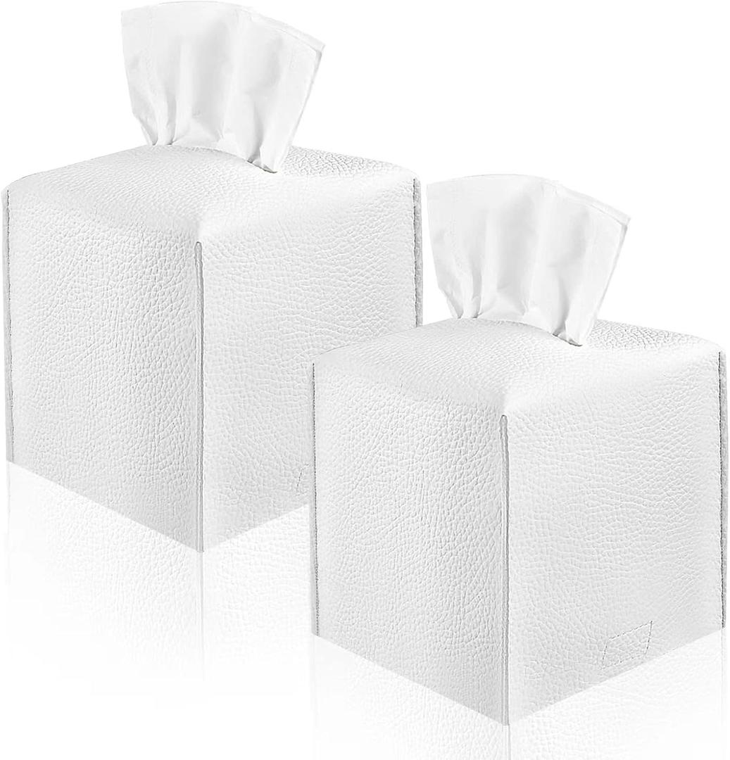 2 Pack, VIVIDLY Tissue Box Cover Holder, Square Modern PU Leather Tissue Box Holder, Can be Used for Bathroom Dressing Table, Bedside Table, Office Desk & Car 5"X5"X5"- (White, 2)