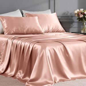 FreshCulture Satin Sheets Queen Size Bed Set- 4 Piece Luxury Soft Silky Queen Sheet Set, Similar to Silk Bed Sheets with 1 Deep Pocket Fitted Sheet, 1 Flat Sheet & 2 Pillowcases (Blush)