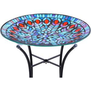 VCUTEKA Mosaic Bird Bath, Glass Birdbath Detachable with Metal Standing for Outdoor Patio Garden Backyard Dcor