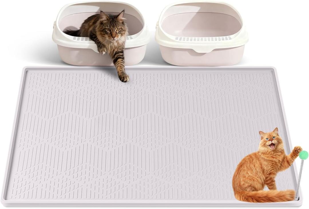 Large Cat Litter Mat with Toy Ball, 38'' x 25'' Silicone Cat Litter Trapping Mat for Scatter Control, Soft on Kitty Paws, Easy to Clean (White)