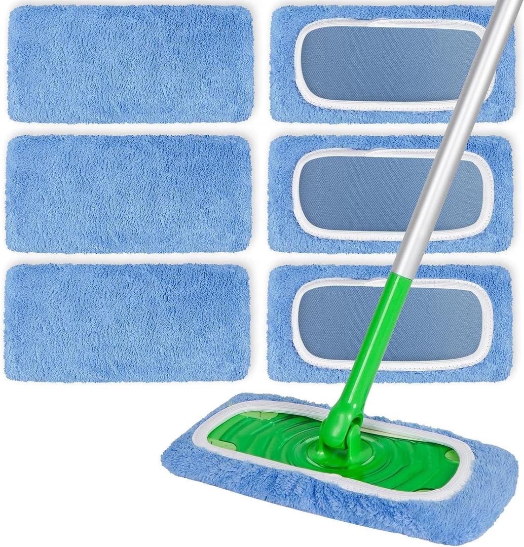 6 Pack Reusable Microfiber Mop Pads Compatible with Swiffer Sweeper Mop, Dry Sweeping Cloths & Wet Mopping Cloths, Washable Wet Pads Refill for Hardwood Surface Floor Cleaning