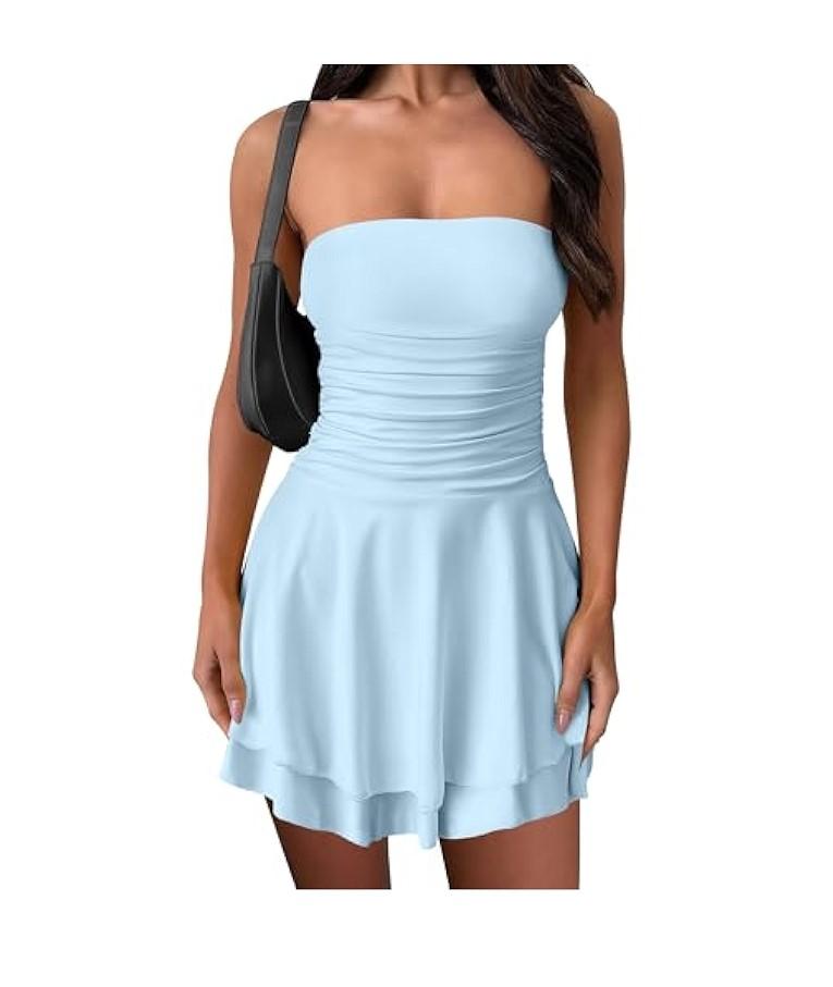 Caracilia Womens Strapless Tube Dress 2025 Summer Ruched Waist Ruffle Hem Tiered Cute Flowy Short Mini Dresses, Size: XL, Blue