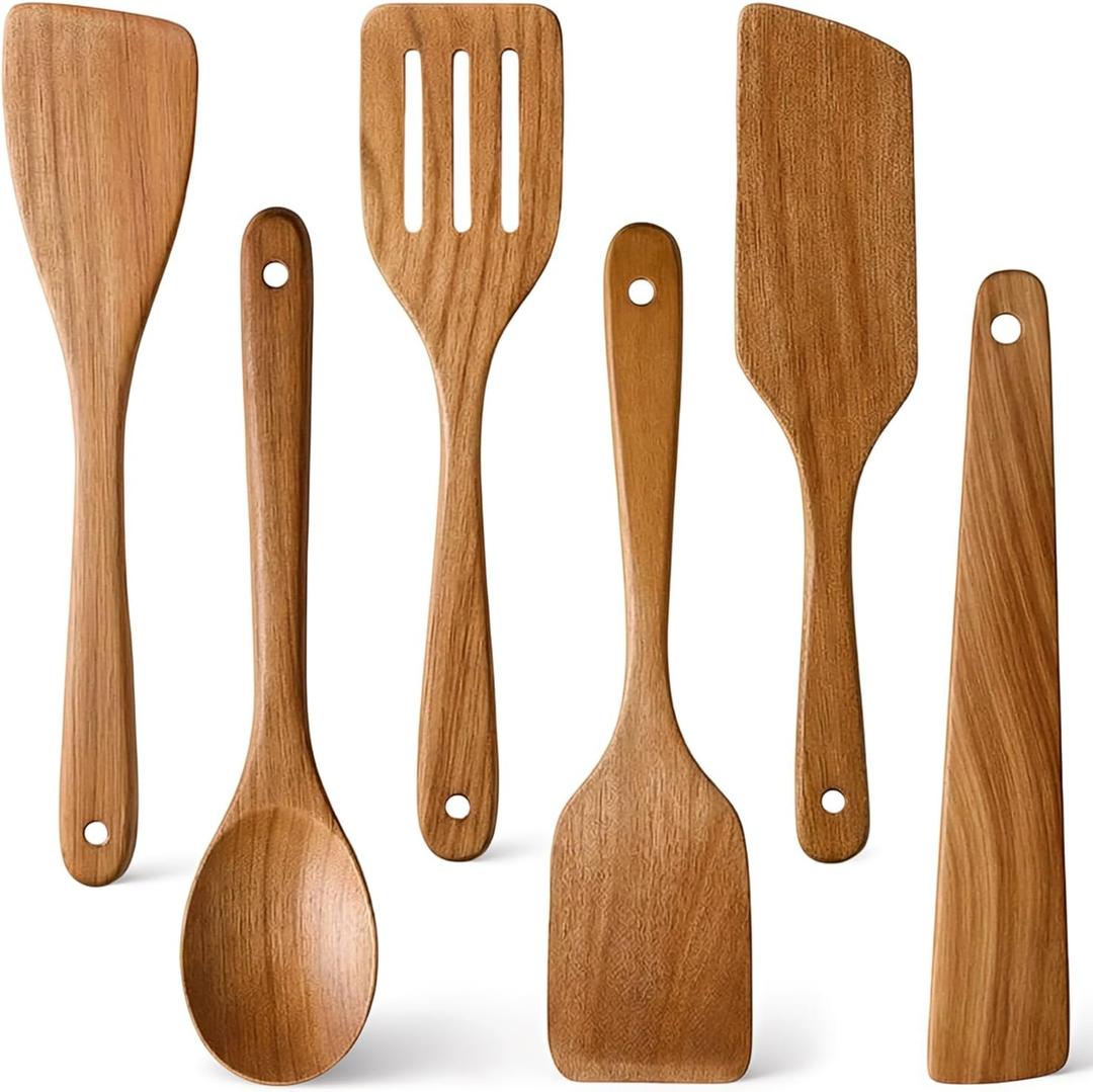 6 Pack Acacia Wood Spatula Set Non Toxic Kitchen Utensils for Cooking Spoon Flat Wooden Wok Spatula Spurtle Kitchen Tools Slotted Turner Scraper Bamboo Cooking Utensil Set Fish Egg Flipper Spatulas