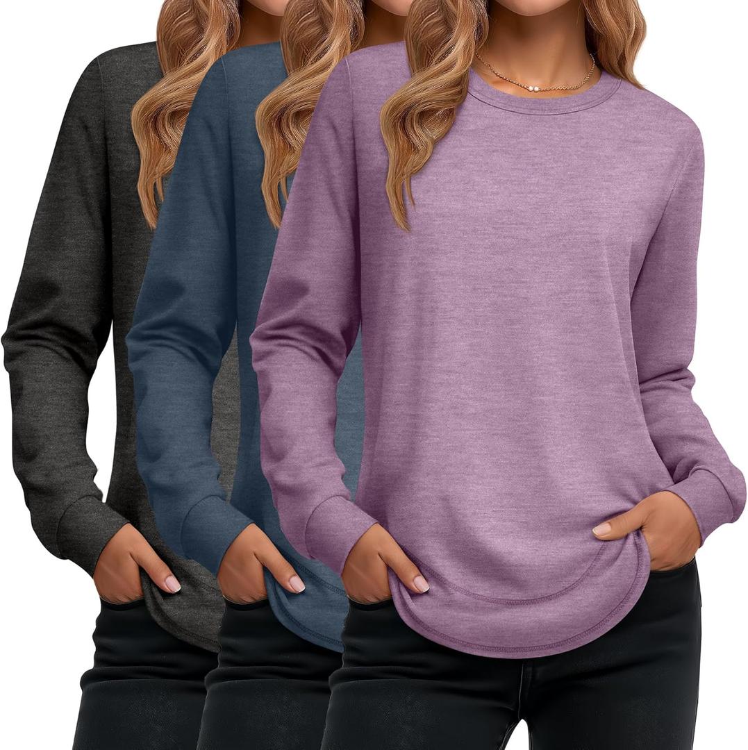 3 x Ficerd 3 Pack Women's Long Sleeve Shirts, Cotton Crew Neck Tunic Tops Casual Loose Fit Pullover Sweatshirts Curved Hem Shirts (M)