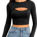 CLOZOZ Cut Out Tops for Women Sexy Crewneck Crop Top Slim Fitted T-Shirts Going Out Tops (Large, 01 Black)