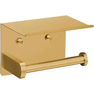 VAEHOLD Self Adhesive Toilet Paper Holder with Phone Shelf Stainless Steel Wall Mounted Toilet Paper Roll Holder - Rustproof and Bathroom Washroom Tissue Roll Holder with Storage Shelf - Gold