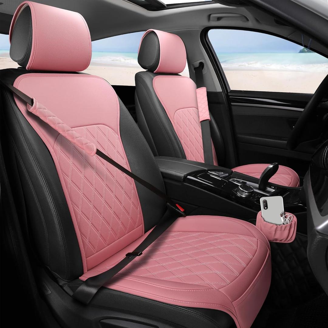 Sanwom Front Car Seat Covers - Leather Seat Covers with Storage Pocket and Two Belt Pads, Anti-Slip Waterproof Universal Seat Covers for Cars Fit Cars Trucks SUV(Pink,2 Pack)