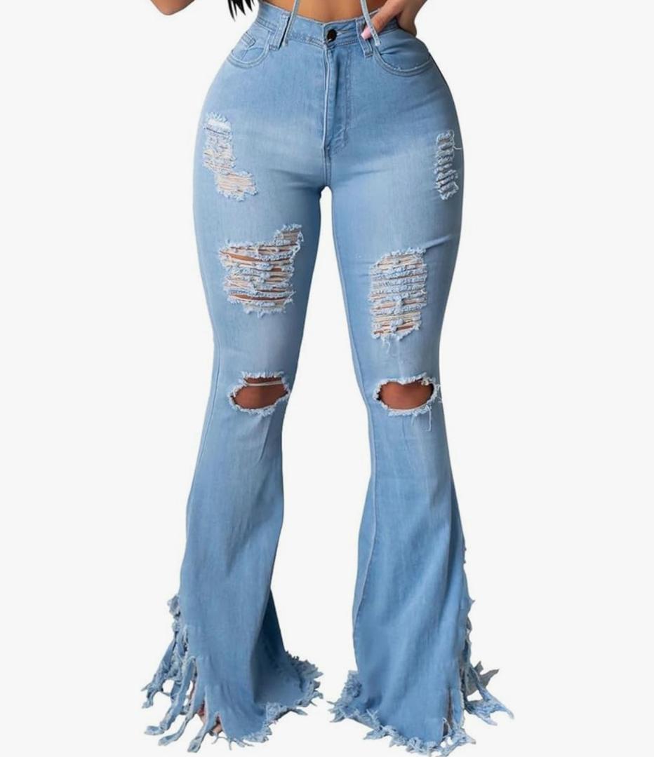 70s Bell Bottom Jeans for Women Elastic High Waisted Raw Hem Denim Pants Classic Vintage Flared Jeans
Size M