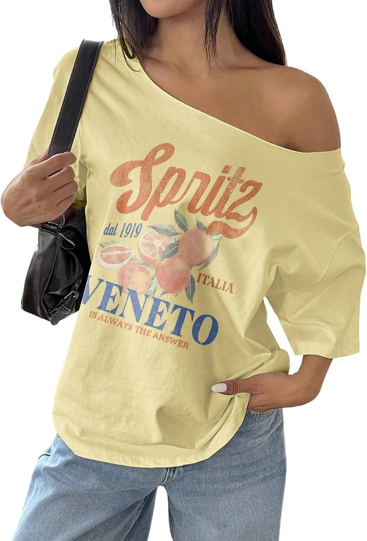 SOLY HUX Women's Off The Shoulder Graphic Tees Oversized Tops Short Sleeve Drop Shoulder Summer Baggy Tshirts Yellow Letter, Large