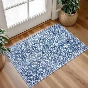 Vintage Entryway Rug 2'x3', Denim Blue White Washable Accent Rug, Non-Slip Small Area Carpet, Floral Print Faux Wool Soft Mat for Front Door, Kitchen, Bedside