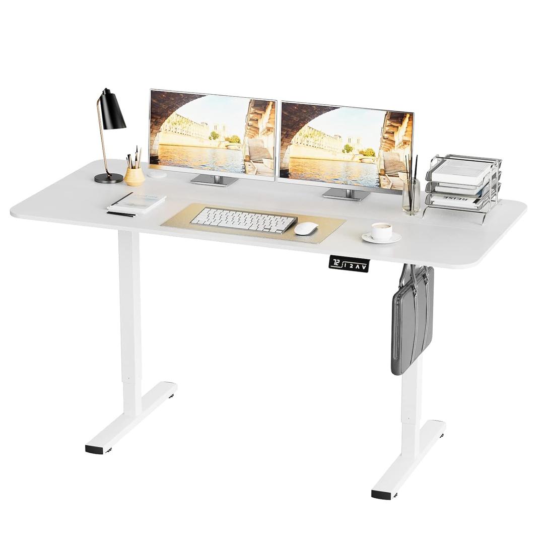 Furniwell Electric Height Adjustable Standing Desk Large Sit Stand up Desk Home Office Computer Desk 55 x 24 Inches Lift Table with T-Shaped Metal Bracket, White