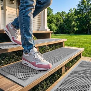 Stairs Treads for Wooden Non Slip Step Outdoor Mat Gray 8"x30" 5PCS | PVC Rubber-Like Stair Treads Self Draining Carpeted Stair Covers, Duty Resistant Exterior Mat for Wood Stairs Fast Water Flow