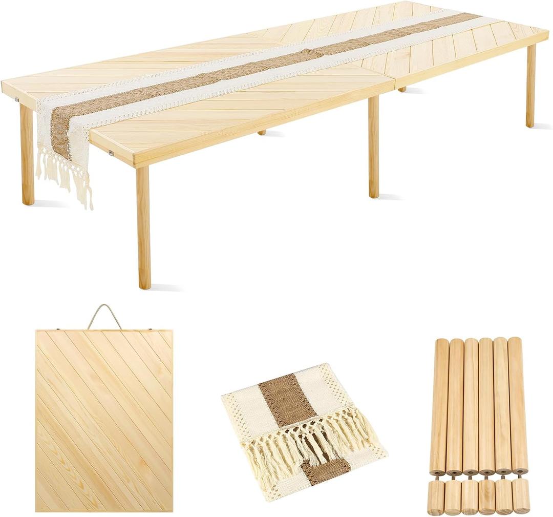 Folding Picnic Table with Table Runner, Portable Boho Low Picnic Table for Indoor Outdoor, 80" x 30" Wooden Table with Adjustable Heights for Camping, Wedding, Beach, Garden, Party (Large Size for 8)