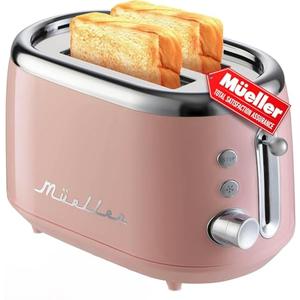 Mueller Retro Toaster 2 Slice with 7 Browning Levels and 3 Functions: Reheat, Defrost & Cancel, Stainless Steel Features, Removable Crumb Tray, Under Base Cord Storage, Pink