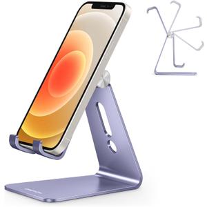 OMOTON Adjustable Cell Phone Stand, C2 Aluminum Desktop Cellphone Stand with Anti-Slip Base and Convenient Charging Port, Fits All Smart Phones, Haze Purple