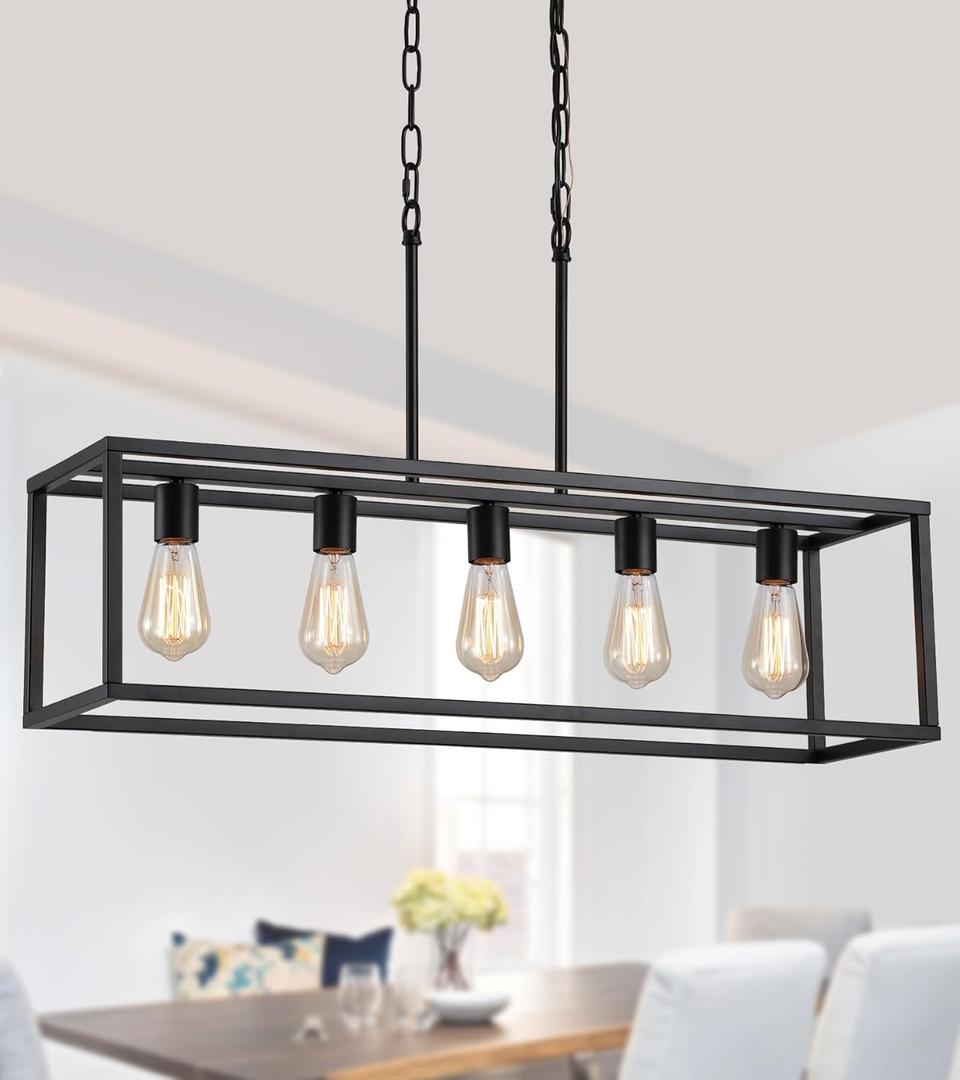 AMZASA Black Rectangle Kitchen Island Lights Rectangular Modern Industrial Chandelier for Dining Room 5 Lights Linear Vintage Cage Light Fixtures UL Listed, 5 Lights 
