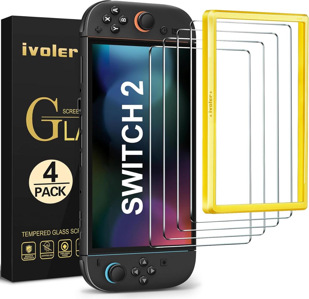 ivoler 4-Pack Tempered Glass Screen Protector Designed for Nintendo Switch 2 2025 with [Alignment Frame] Transparent HD Clear [Updated Version] Screen Protector for Switch 2 7.9.
