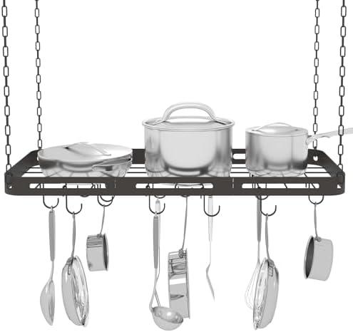 TICKCACY 33” Pots and Pans Hanging Rack, Black Hanging Pot Rack Ceiling Mount with 15 Hooks, Heavy-duty Metal Square Kitchen Ceiling Pot Rack, Pot and Pan Hanger for Kitchen Cookware Utensils