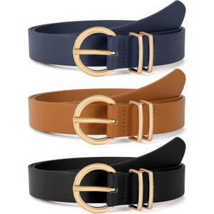 VONMELLI 3 Pack Women's Leather Belts for Jeans Dresses Ladies Waist Belt with Fashion Gold Buckle (E-black+brown+dark Blue)