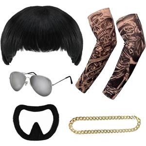sanderala Ibiza Final Boss Costume Rave Accessory Set Black Bowl Cut Wig, Goatee, Gold Chain, Fake Tattoo Sleeves & Shades Funny Fancy Dress Costume Kit for Halloween