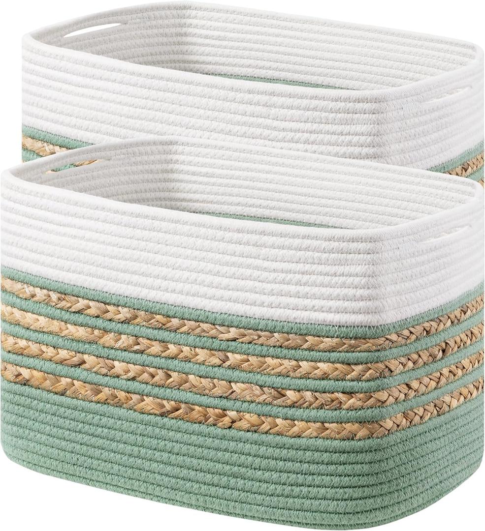 UBBCARE 2 Pack Baskets for Organizing, Woven Storage Baskets for Toys and Towel, Rectangle Cotton Rope Basket with Handles, 14''L x 8''W x9''H, Green