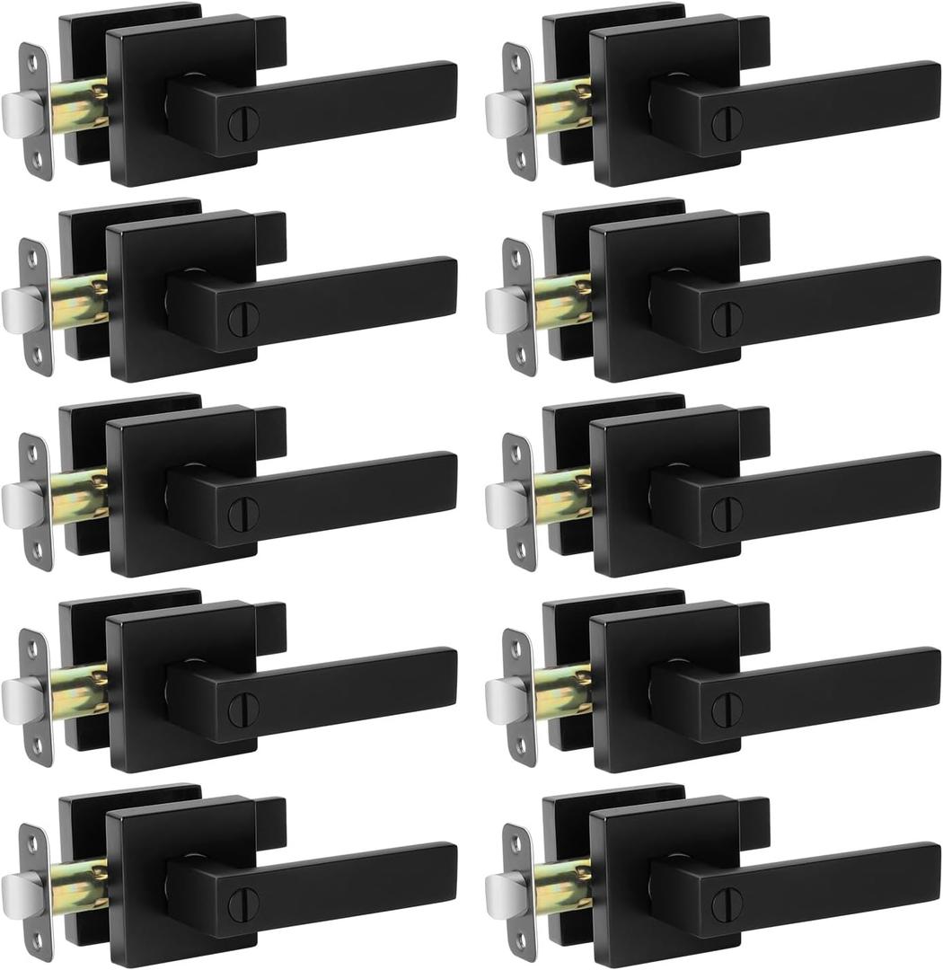 10 Pack Black Door Handle Interior Privacy Door Levers Set, Keyless Square Door Knob Lock for Bedroom or Bathroom, Heavy Duty Door Handles with Reversible Handle for Left Right Sided Doors (Matte Black Finish)