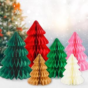 Whaline Christmas Honeycomb Paper Tree 3D Xmas Centerpieces Green Red Pink Brown Beige Table Toppers for Holiday Party Home Decorations, 6 Pcs
