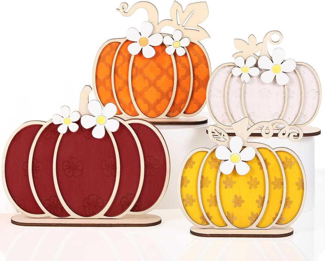 Leinuosen 4 Pcs Thanksgiving Fall Pumpkin Decoration Wooden Tabletop Signs Pumpkin of 4 Size, Autumn Table Centerpieces Season Tray Decor for Halloween Harvest Home Room Decoration(Autumn Colors)