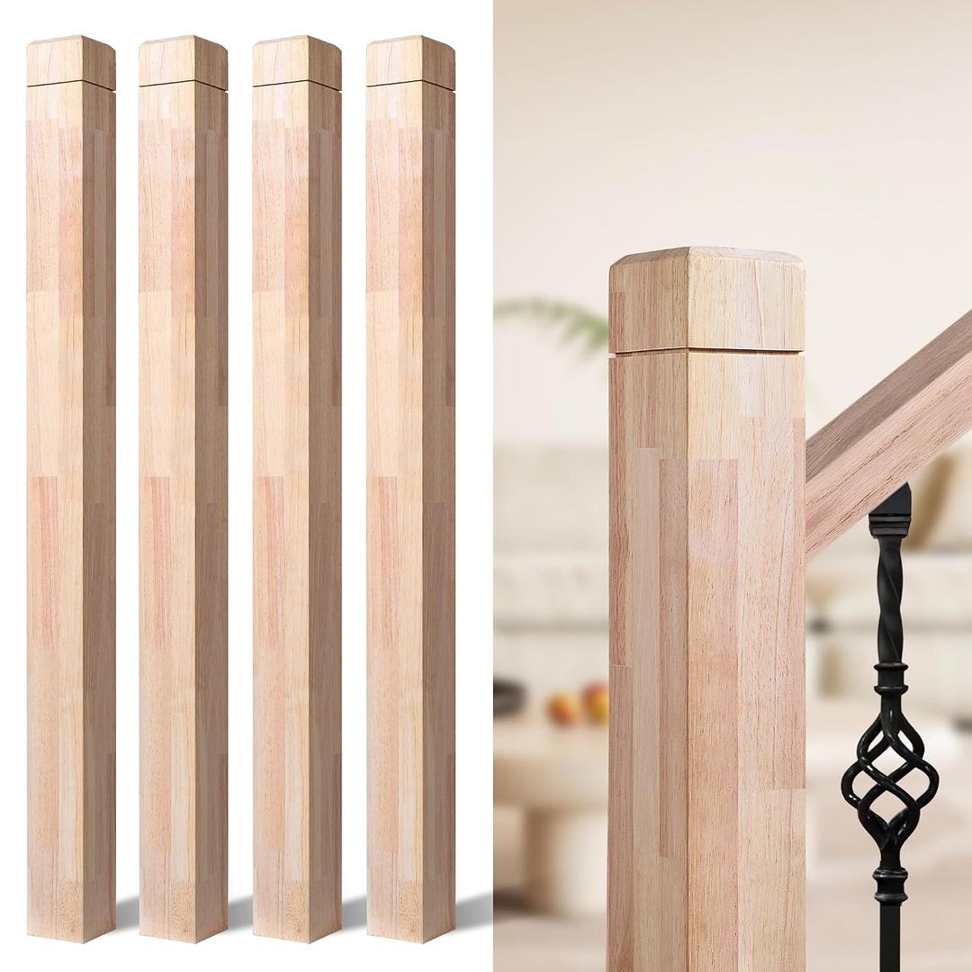 3.5" x 47" Rubber Wood Stair Newel Post with a Single Groove Notched Newel Wood Balusters for Staircase Indoor and Outdoor Railing Newels for Stair Handrails (4)