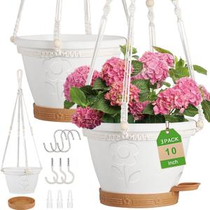 gegemaoyi 3 Pack Hanging Baskets Set, Hanging Planters for Indoor & Outdoor Plants, Self-Watering Hanging Pots with Removable Tray&Drainage Holes, Flower Pots for Home Garden Decor 10 Inch (White)