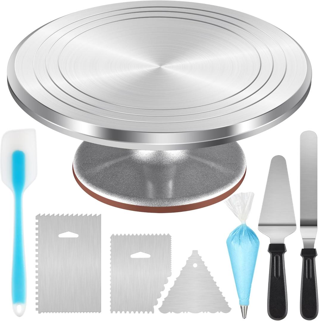 Syntus Aluminum Alloy Cake Stand, 12 Inch Cake Turntable for Decorating with Angled Silicone Icing Spatula, Cake Comb Smoother, Pie Server Cutter, Disposable Piping Bags, 27 Pieces Baking Supplies