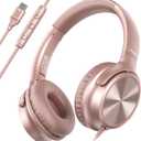 USB C Headphones Wired, Over Ear USB C Wired Headphones with Microphone, Volume Control, HD Stereo Sound, Foldable USB Type C Headphone for Adult/Teens/Laptop/Computer/iPhone 15/16/17, Rose