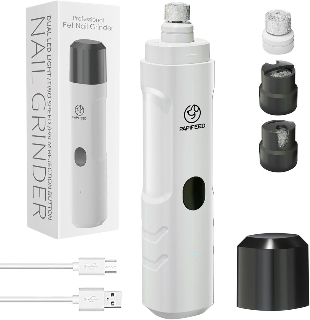PAPIFEED Dog Nail Grinder with 2 LED Light,3-Speed Rechargeable Dog Nail Trimmer, Upgraded Powerful Electric Dog Toe Nail File Quiet Painless, Paws Grooming for Small Medium Large Dogs Cats-White