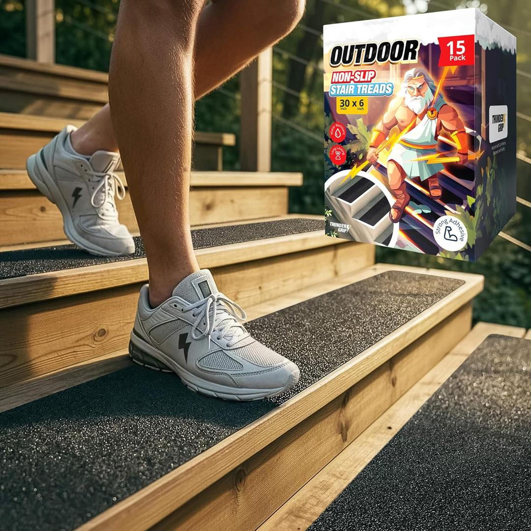 Thunder Grip Outdoor Stair Treads Non Slip 30" x 6" - 15-Pack Weather Resistant Exterior Grip Tape for Wooden Steps - Anti Skid Strips - Waterproof 80-Grit Adhesive Treads