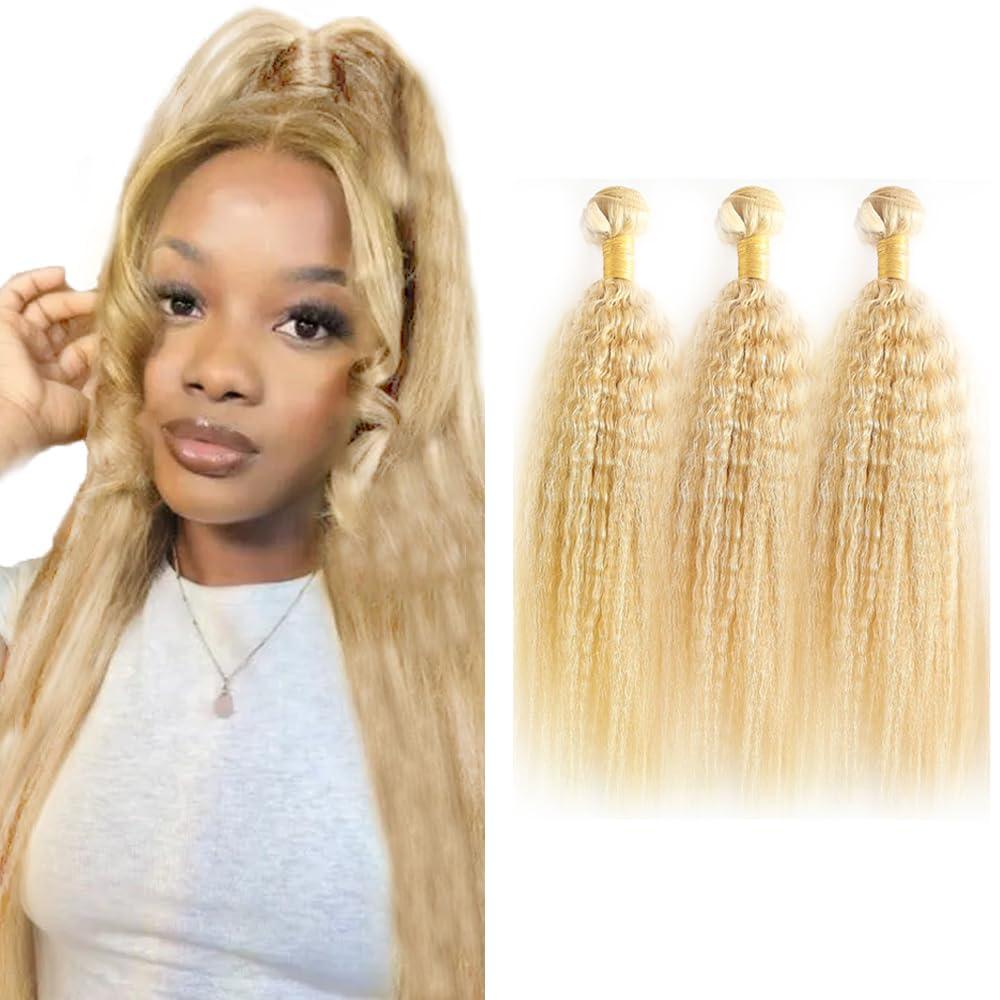 613 Blonde Bundles Human Hair Kinky Straight Human Hair Bundles 14 16 18 Inch Honey Blonde Brazilian Hair 3 Bundle Unprocessed Virgin Remy Hair Extensions 50 Gram Per Bundle