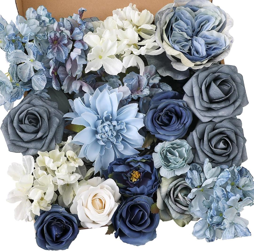 Garisey Artificial Flowers Combo Box Set Dusty Blue Flowers for DIY Wedding Bouquet Arrangements Bridal Shower Party Home Decorations(White Blue Rose)