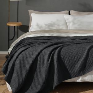 PHF 100% Cotton Waffle Weave Blanket Queen Size 90"x90" - Lightweight Washed Soft Breathable - Perfect Layer for Couch Bed Sofa - Elegant Home Decoration Gift - Black