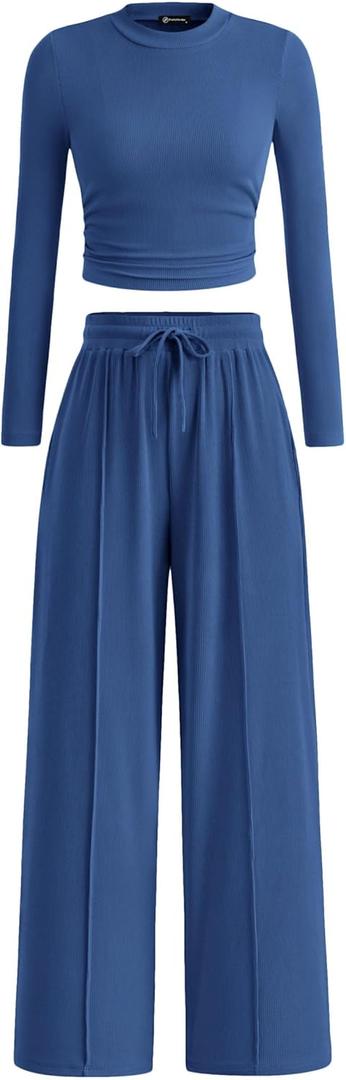 PRETTYGARDEN Women's 2 Piece Sets 2026 Fall Long Sleeve Crop Tops Wide Leg Pants Matching Outfit Tracksuits Spring Clothes, Size XL