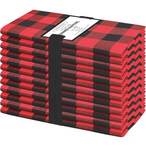 Cotton Clinic Set of 12 Cloth Napkins Gingham Check 100% Cotton 20x20 inches - Soft Durable Washable - Ideal for Events Wedding Christmas Easter - Perfect Everyday Use Table Dinner Napkins Red Black