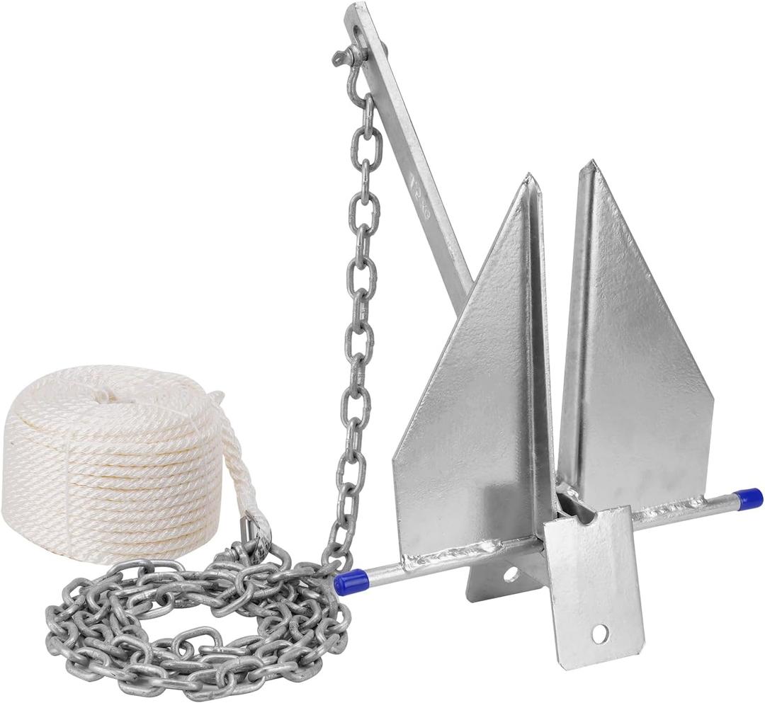 Heavy Duty Boat Anchor Kit, Fluke Style with Chain and Rope Set, Compatible with Pontoon, Deck, Fishing, and Sailboats, Galvanized Steel (10LB)
