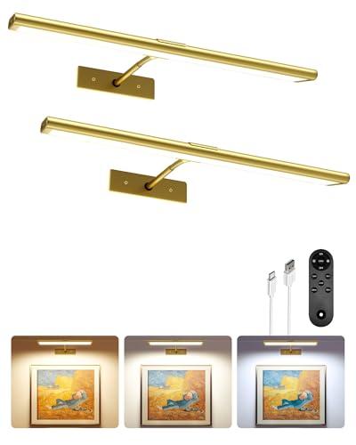 EZVALO Picture Light for Wall, 4800mAh Rechargeable Wireless IR Remote Control, 16'' Dimmable Magnetic LED Art Display Light with 3 Color Temperatures, for Gallery, Living Room, Bedroom(Gold-2Pack)