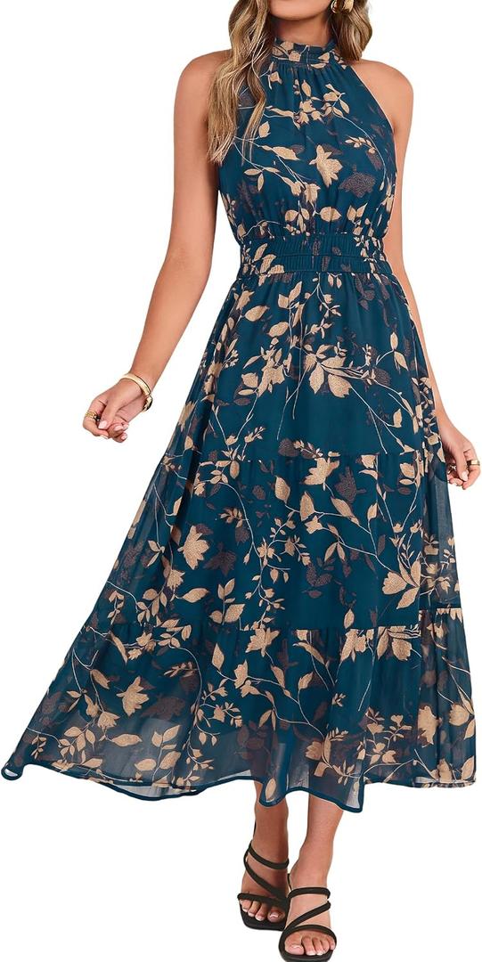 Simplee Womens Summer Halter Wedding Guest Dress Maxi Floral Vacation Boho Sundresses Flowy Formal Long Travel Dresses 2026 (XL)